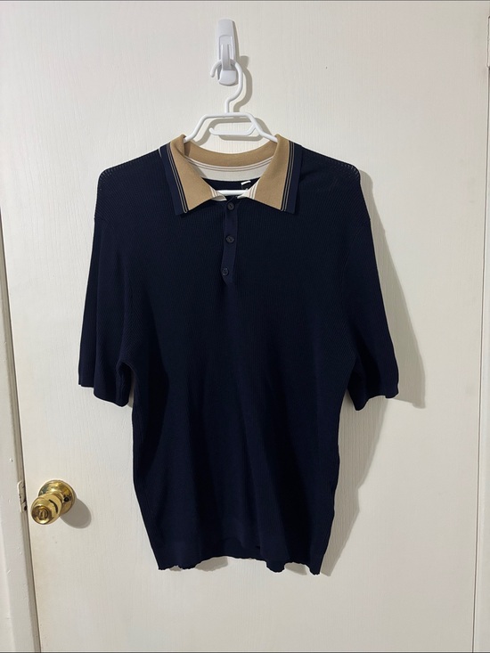 Sandro Other - Sandro Men’s XL Navy Short-Sleeve Polo Shirt with White and Tan Accents